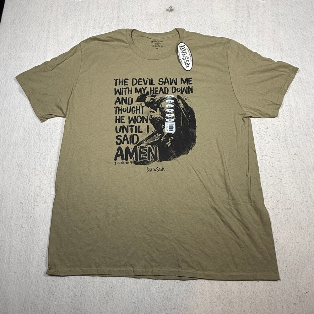 Kerusso Mens 2X Christian Graphic T-Shirt Olive Green Amen Knight 2 Cor 10:4 NEW
